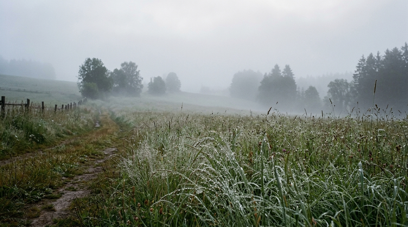 Mlhavé ráno v české krajině, louka s rosou a vzdálené stromy